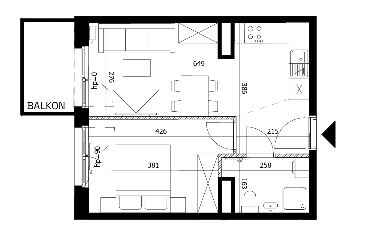 Two-room apartment, designed to be divisible into two micro-apartmets - plan