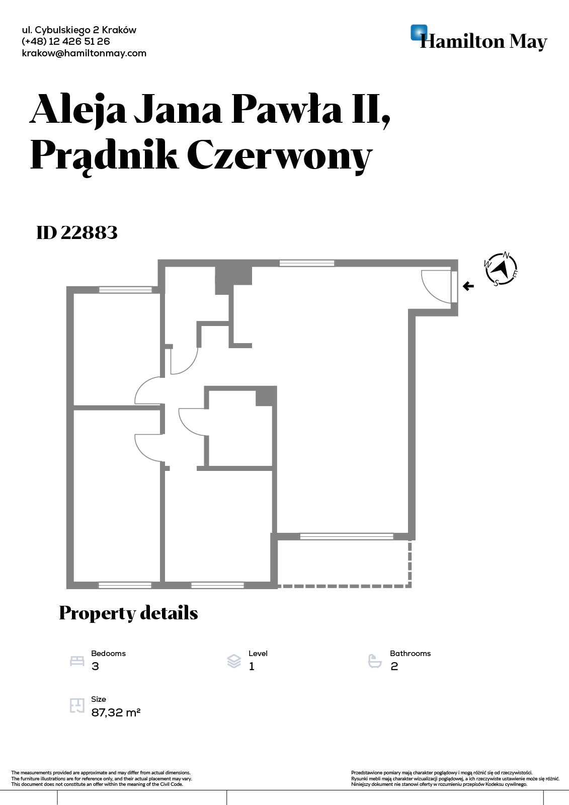 City: Kraków Street: Aleja Jana Pawła II Region: Prądnik Czerwony Subregion: Wieczysta Distance to centre: 3.68 km Level: 1 Price: 7400 PLN Bedrooms: 3 Bathrooms: 2 Size: 87.32m2 Price/m2: 85 PLN - plan