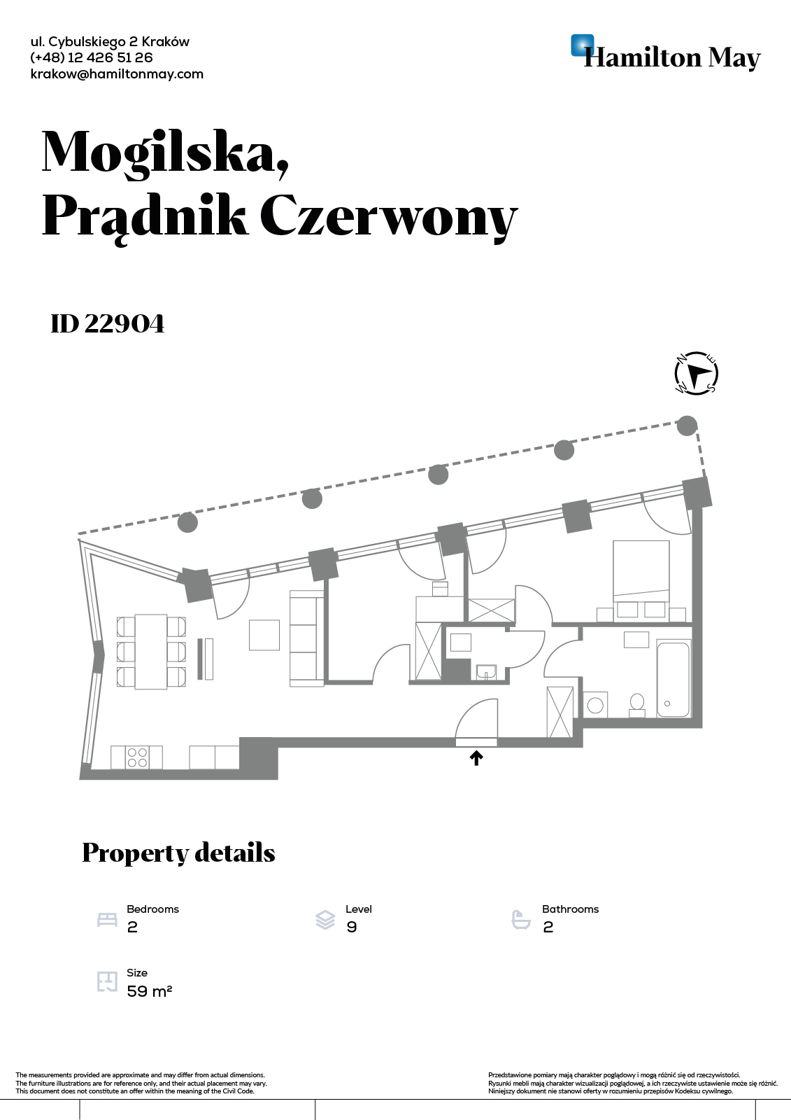 City: Kraków Street: Mogilska Region: Prądnik Czerwony Distance to centre: 3.35 km Level: 9 Price: 1400000 PLN Bedrooms: 2 Bathrooms: 2 Size: 59m2 Price/m2: 23729 PLN - plan