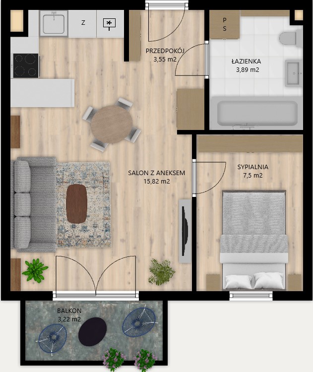 Nowoczesne 2-pokojowe mieszkanie z balkonem i miejscem parkingowym - plan