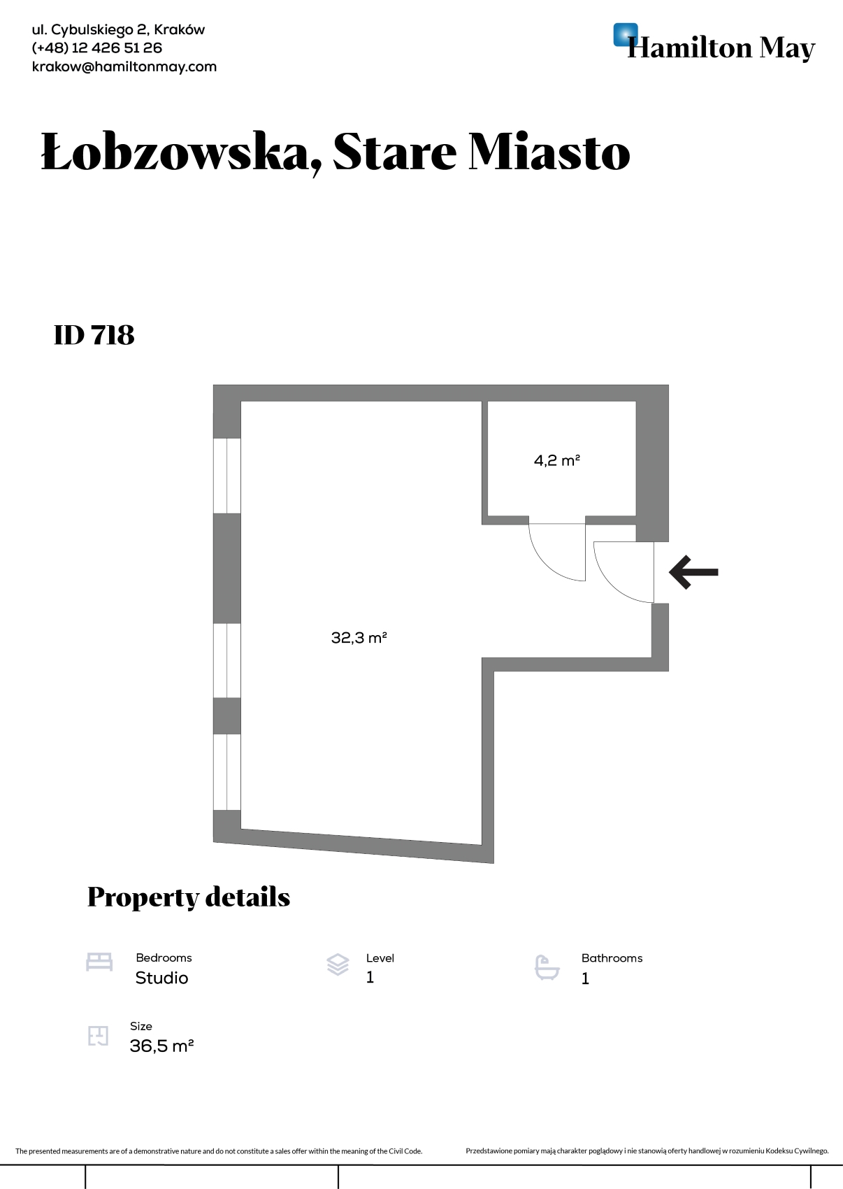 Cozy studio in the Sobieski Residence complex - plan