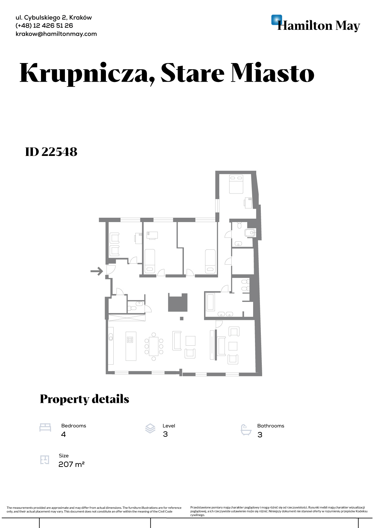 Exclusive apartment for rent in the heart of Krakow - ul. Krupnicza - plan