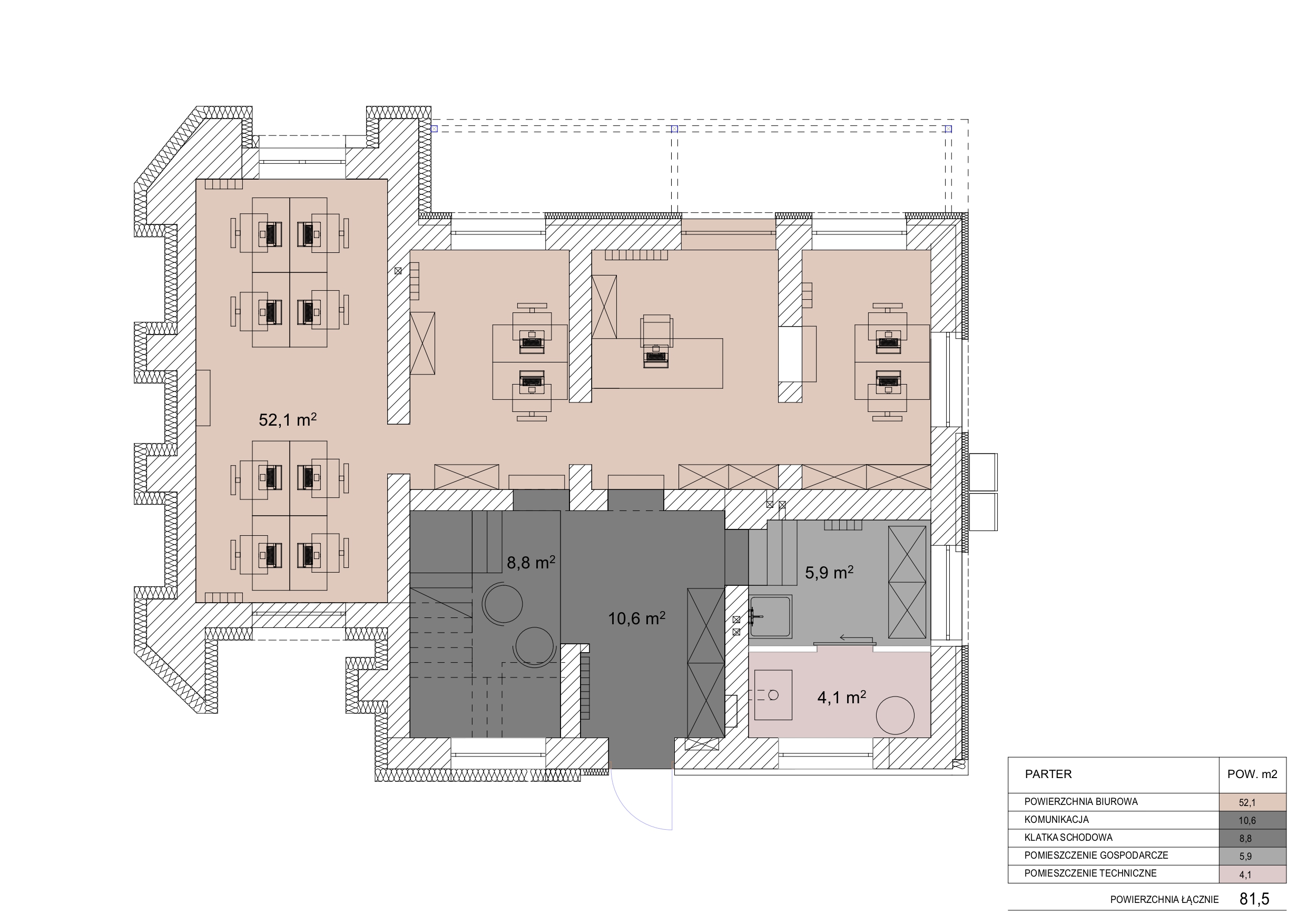Бутіковий офісний простір у самому серці Волі Юстовської – одного з найпрестижніших місць Кракова. Ця затишна триповерхова будівля площею 289 кв. м була спроектована для компаній, які цінують високі стандарти роботи, конфіденційність та близькість до природи. - plan