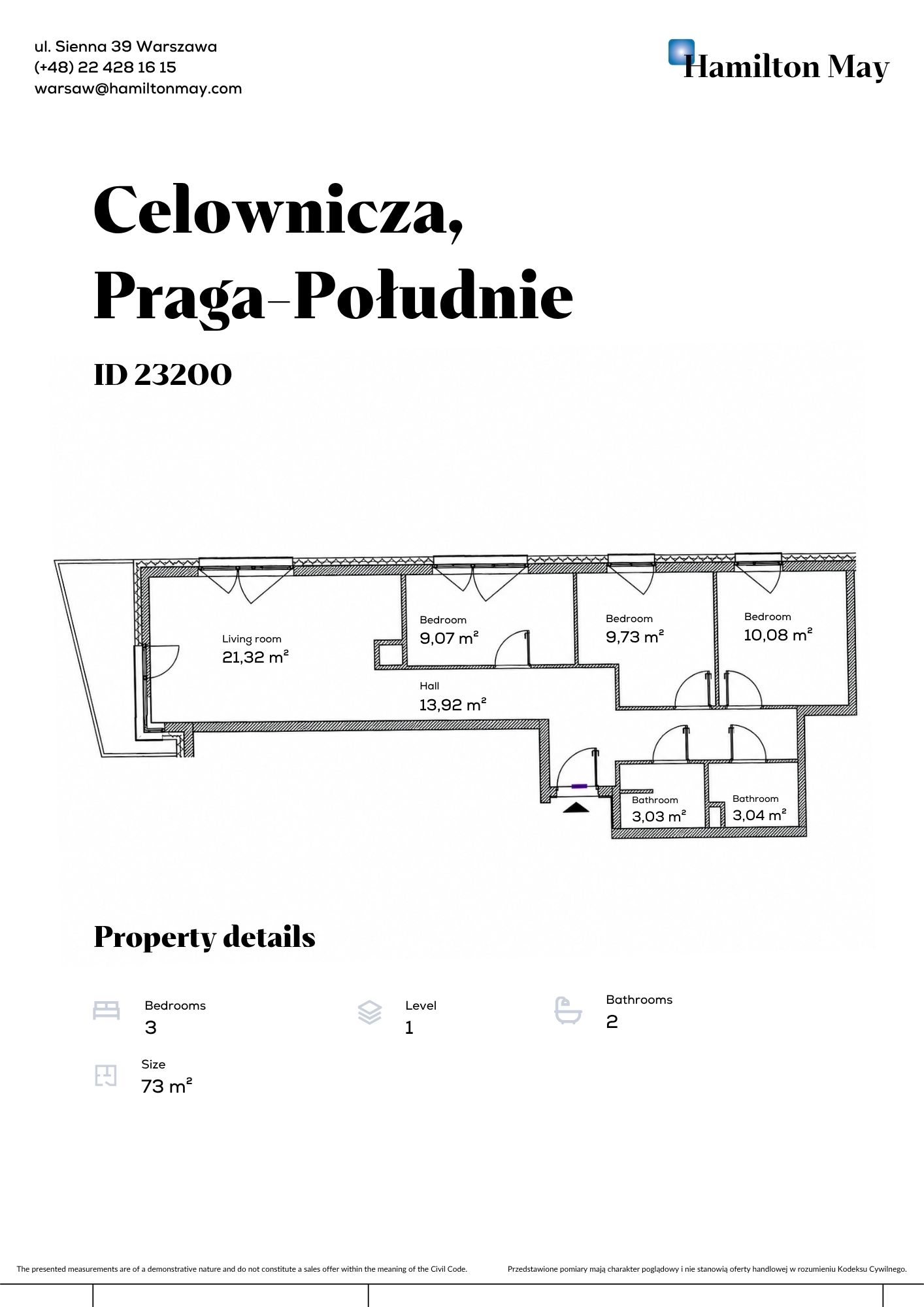 City: Warszawa Street: Celownicza Region: Praga-Południe Subregion: Gocław Distance to centre: 6.83 km Level: 1 Price: 1495000 PLN Bedrooms: 3 Bathrooms: 2 Size: 70.19m2 Price/m2: 21299 PLN - plan