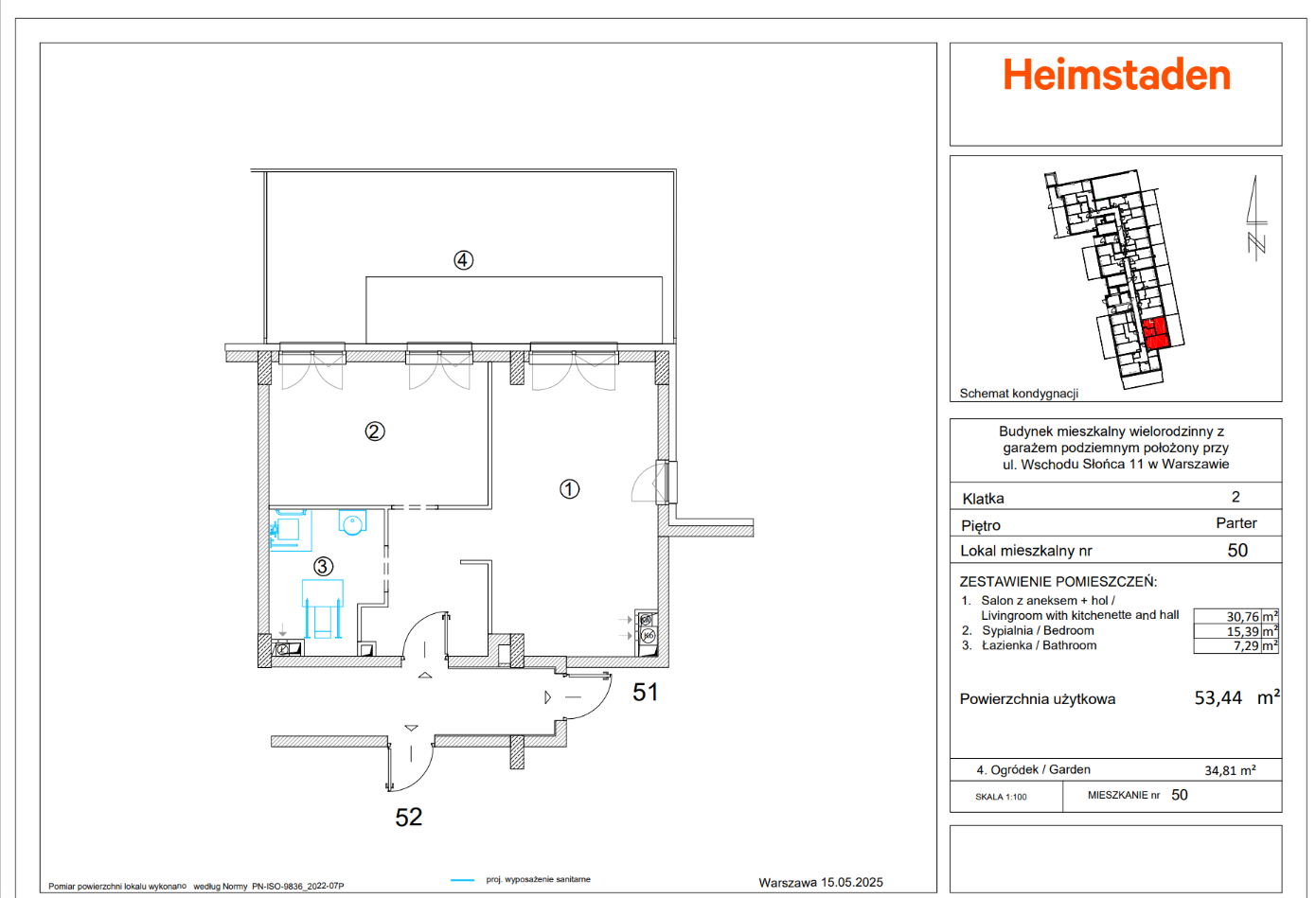 One bedroom | 53.44 m2 | Garden | Włochy - plan