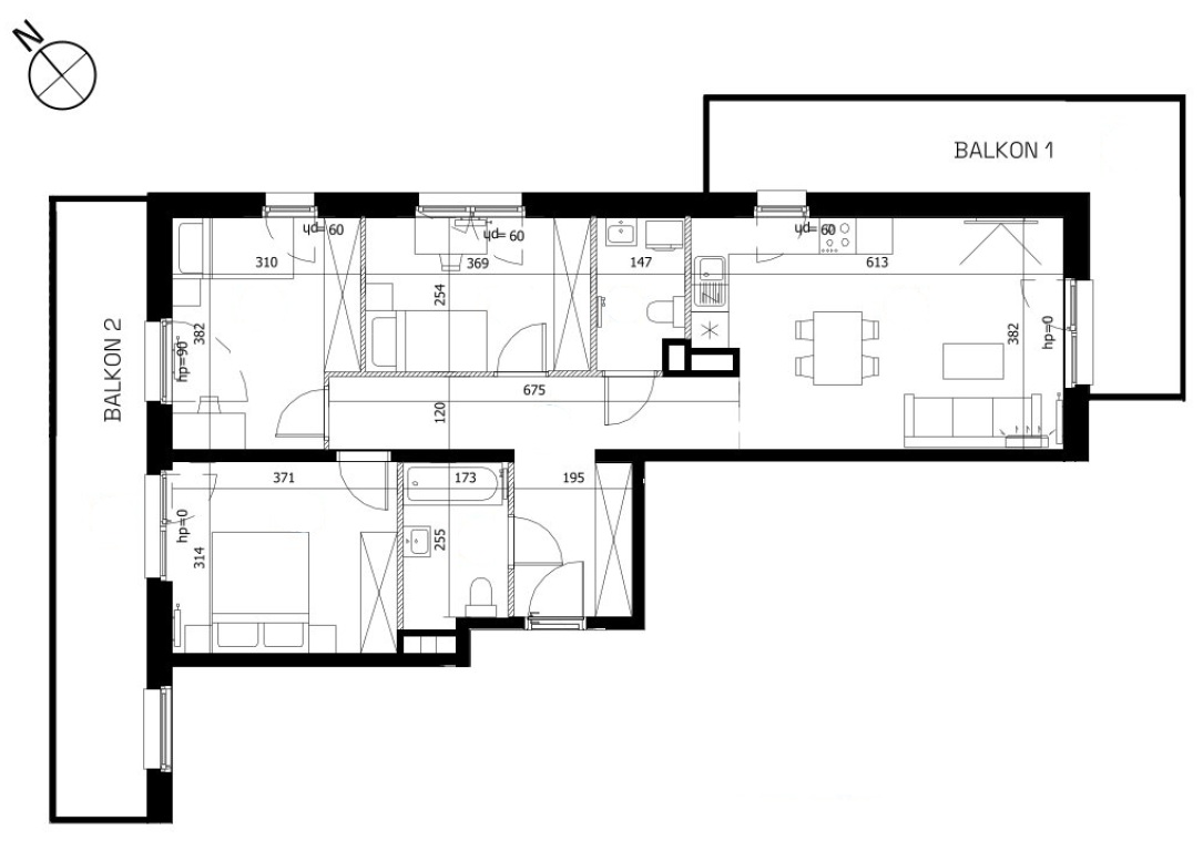 Spacious four-room apartment on the 6th floor with two balconies - plan