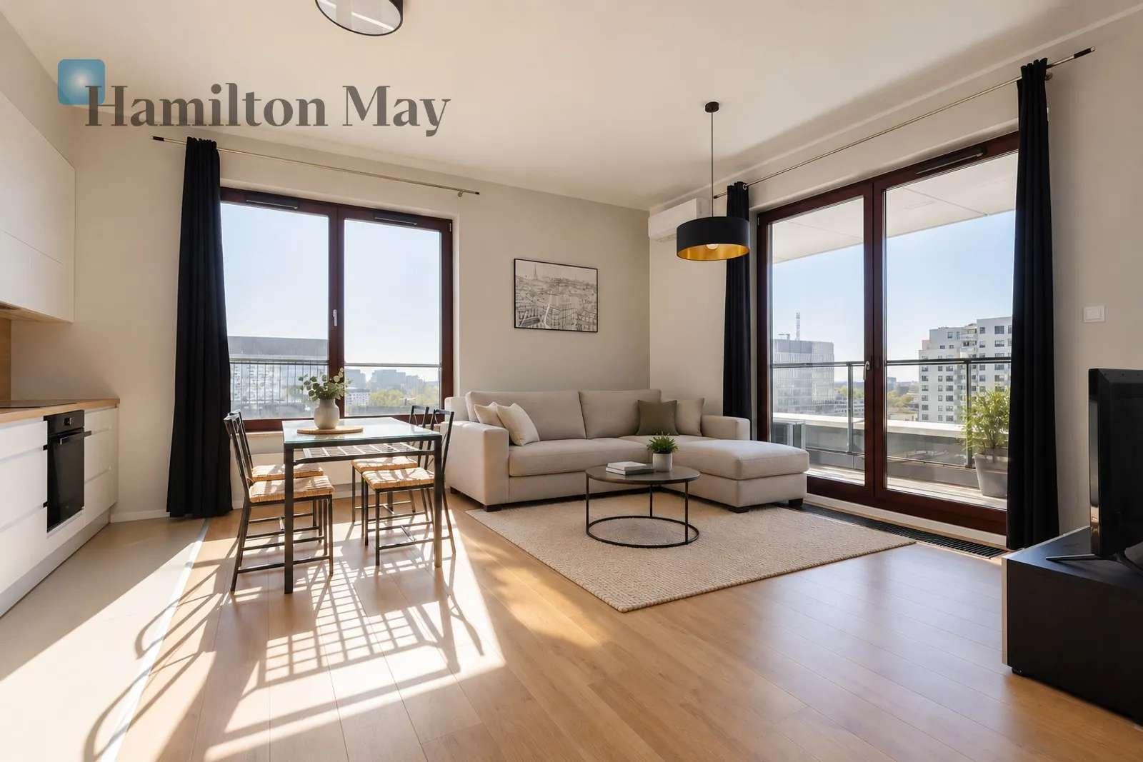 Beautiful, modern, three-room apartment with a balcony overlooking the city skyline - slider