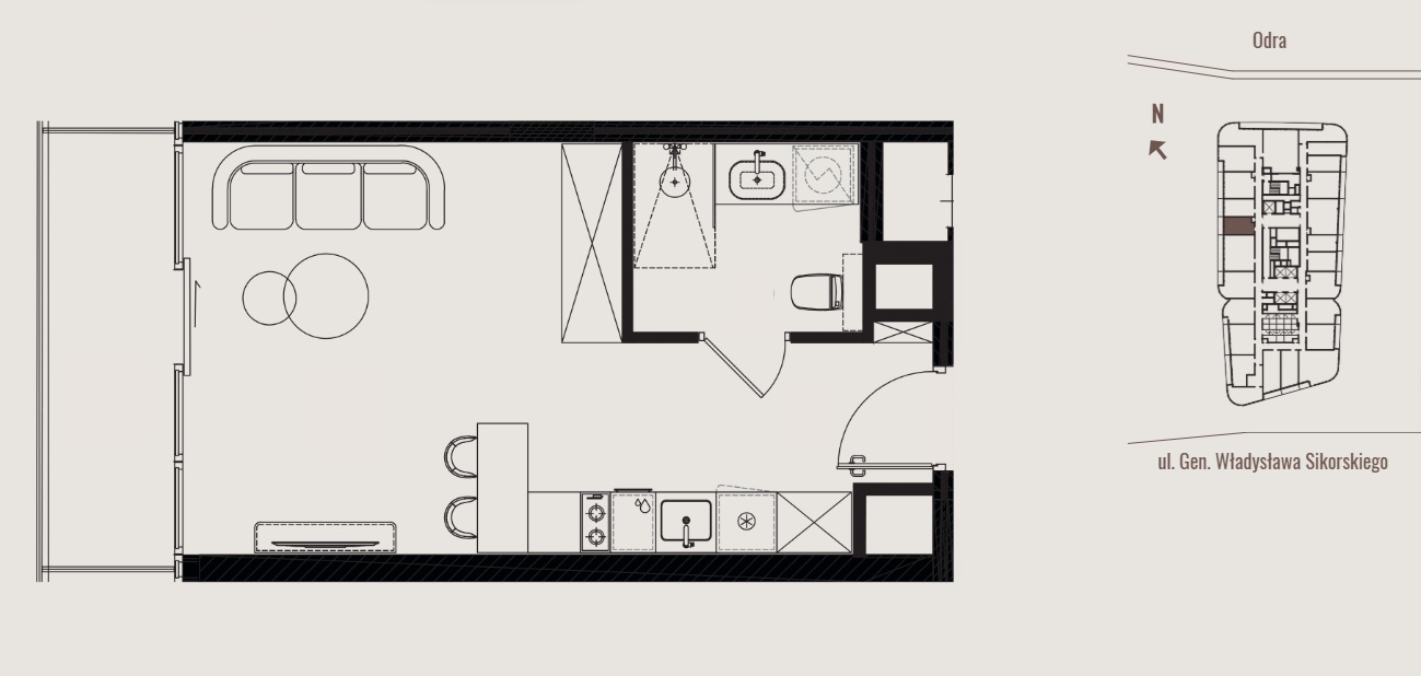 A 27m² studio in the second tallest skyscraper in Wrocław with a view of the picturesque city center and surrounding area - plan