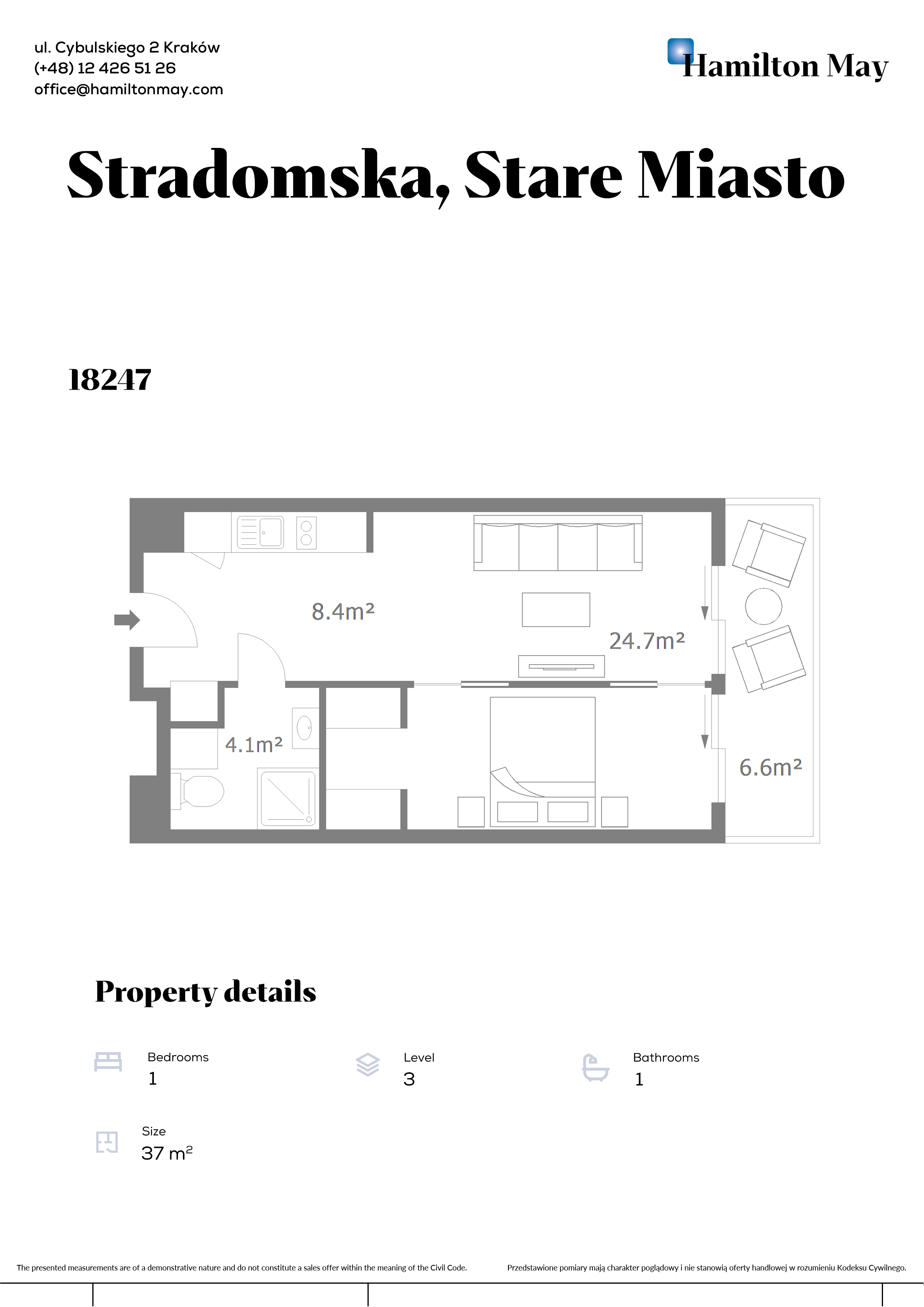 A 1-bedroom, quiet apartment with a balcony in one of the most luxurious investments in Krakow - plan