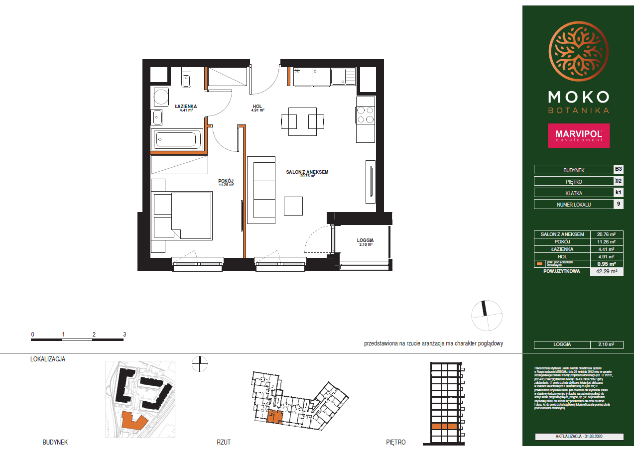 Two rooms | 42.41 m2 | loggia | Moko Botanika - plan
