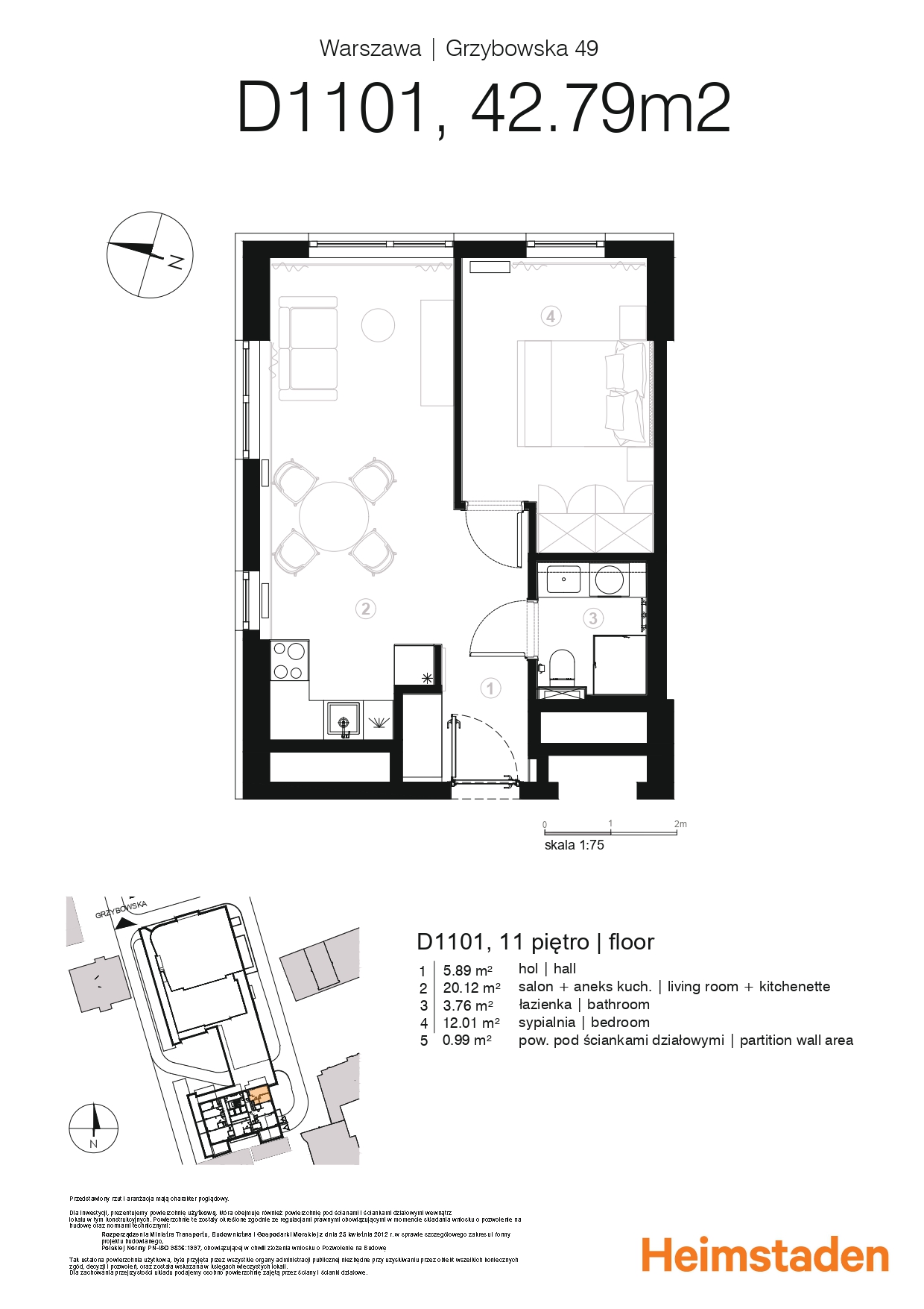 Apartment | 42.79 m2 | Warsaw Center | High floor in Unique Tower - plan