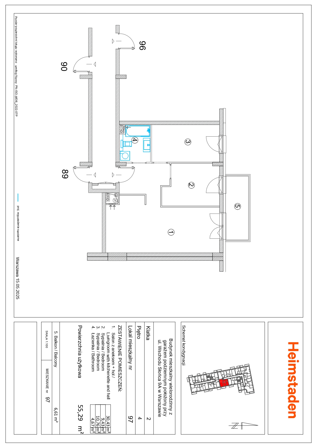 Trzy pokoje | 55.29m2 | Balkon | ul. Popularna - plan