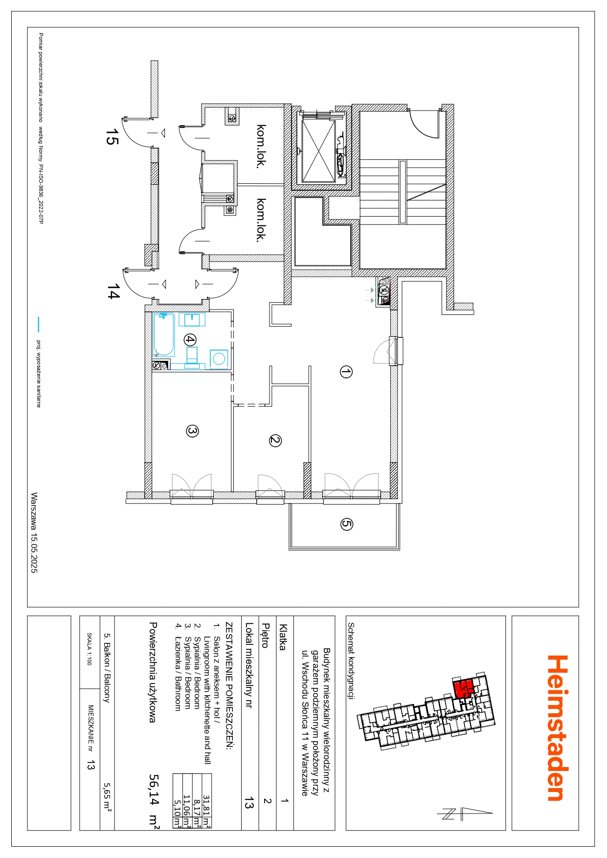 Dwie sypialnie | 56.14 m2 | Balkon | ul. Popularna - plan