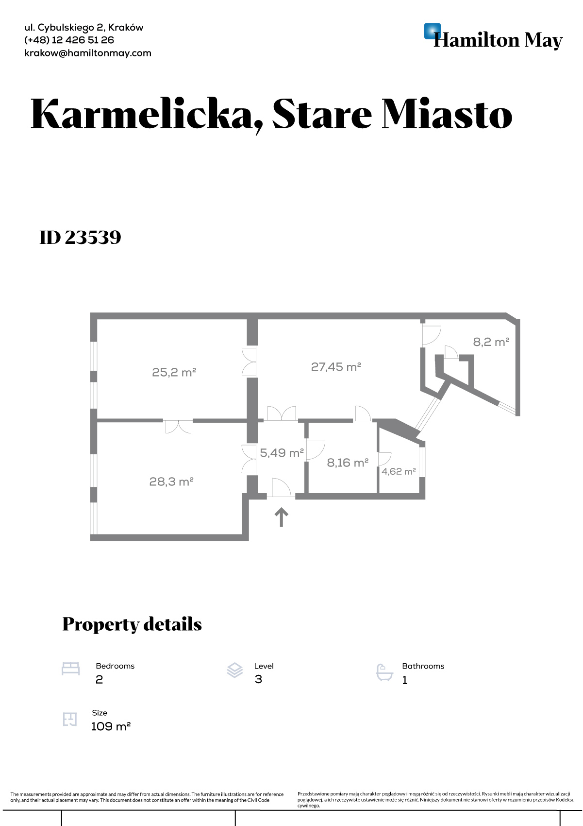 109 m2 two-bedroom apartment in the heart of the city, renovated facade - plan