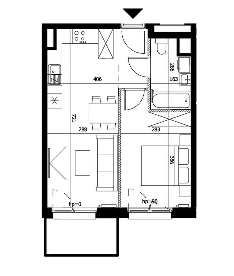 A one-bedroom apartment with a balcony on the 1st floor  - plan