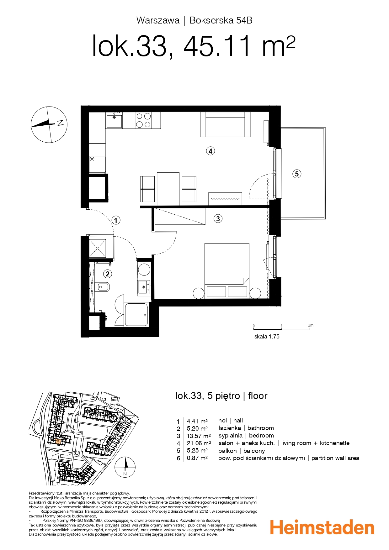 Two rooms | 45.11 m2 | balcony | Moko Botanika - plan
